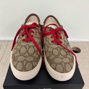 Coach Brown Monogram Low-Top Sneakers with Red Laces